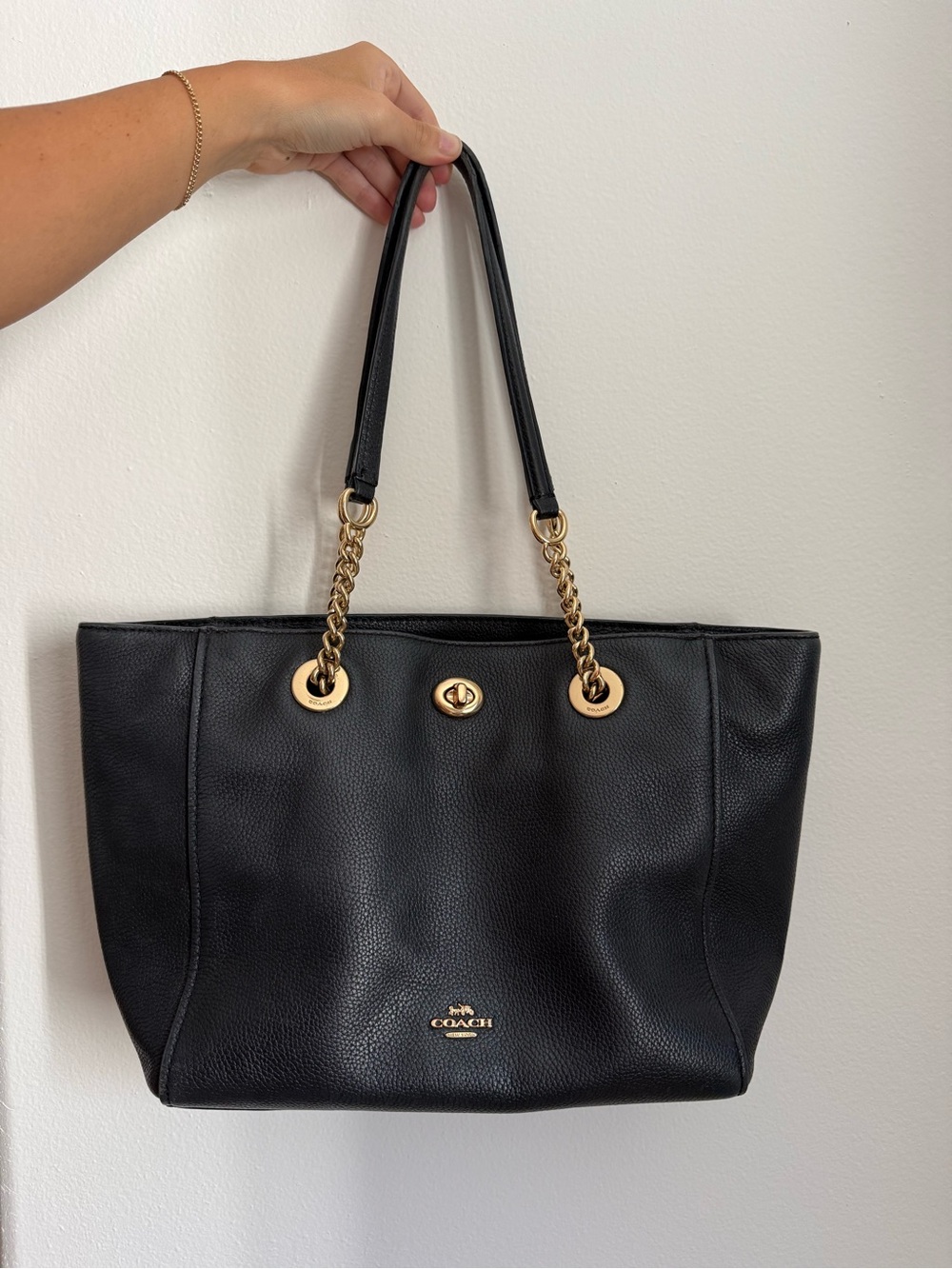 Coach Black Pebbled Leather Tote with Gold-Tone Chain Straps